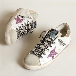 Super-Star Golden Goose Sneakers (Only worn once) w/ pink star & printed laces